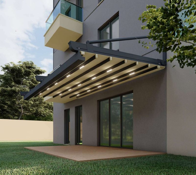 Katalog görseli: bina cephesine askılarla bağlı, ön ayaksız pergola